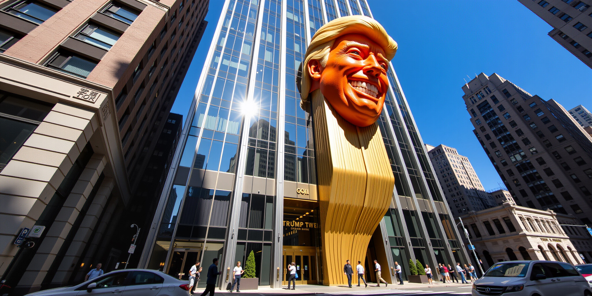 An image of Donald Trump grinning from Trump Tower